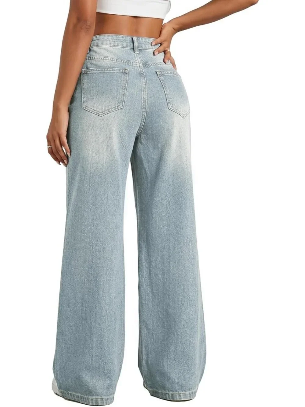 Women's Light Blue Denim Y2k Straight Leg Button Zipper High Waisted Baggy Jeans
